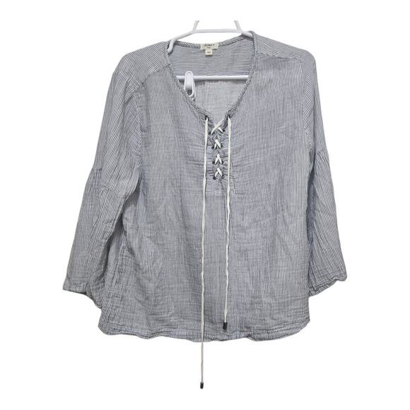 Dylan top womens size large blue white pinstripe tie up boho blouse shirt beachy - Picture 1 of 9